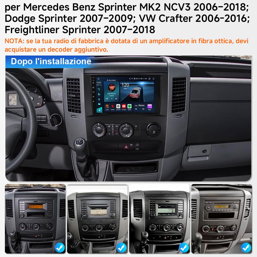 Autoradio Android 15 per Mercedes Sprinter MK2 NCV2 2006-2018 - Tablet Auto 10.1'' con Wireless Carplay, Android Auto, GPS, Bluetooth, WiFi - Navigatore Touch Screen