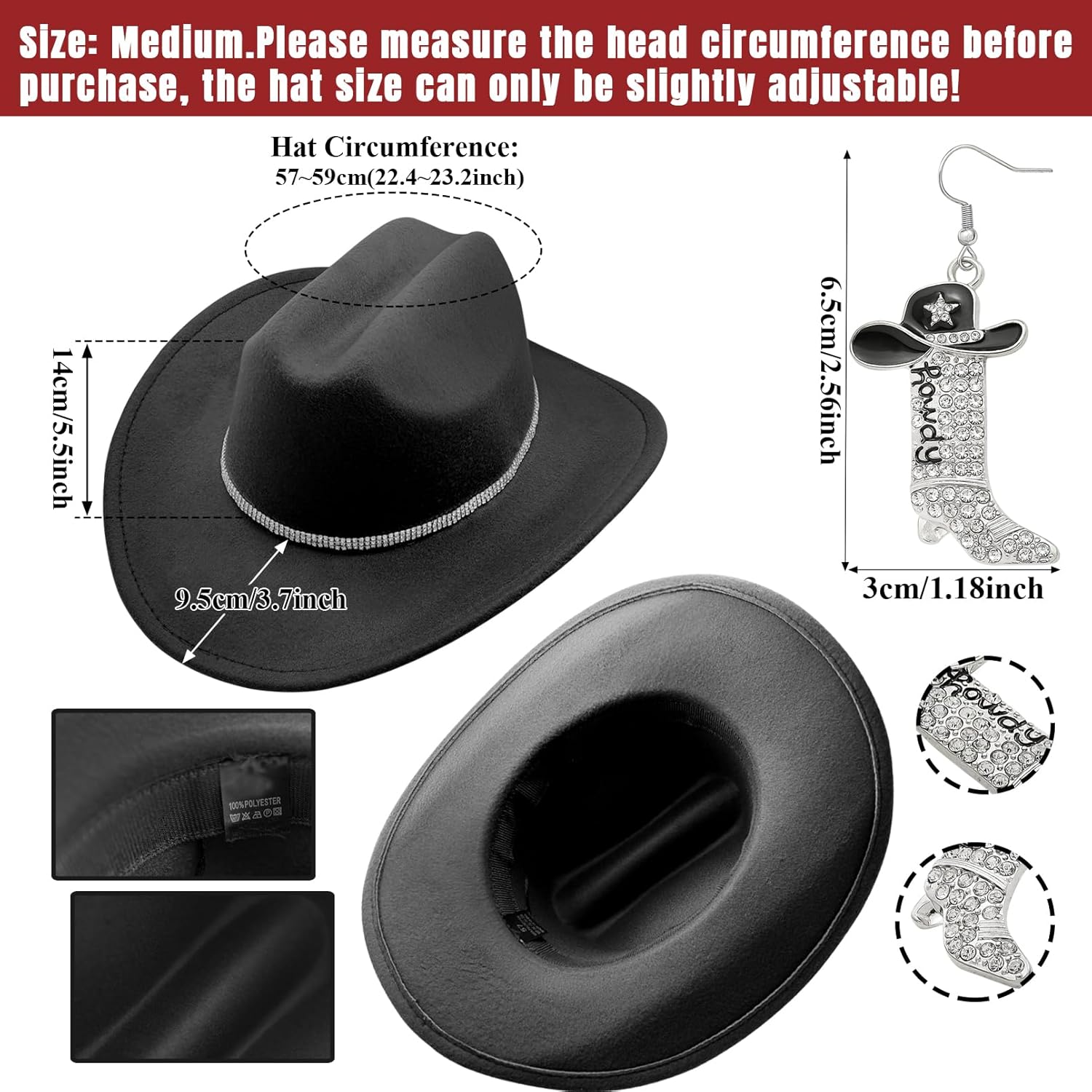 Cowboy Hat Rhinestone Cowgirl Boots Earrings Set Western Earring Felt Fedora Jazz Hat Rodeo Outfit for Women Size M - Image 4