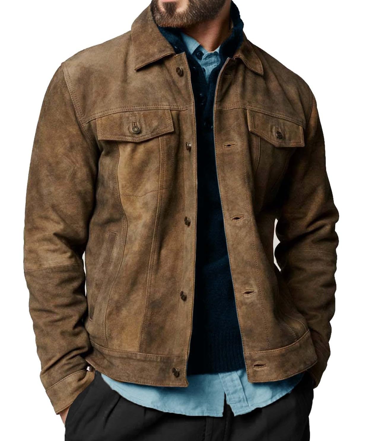 Premium Vintage Trucker Suede Leather Jacket Men Genuine Lambskin