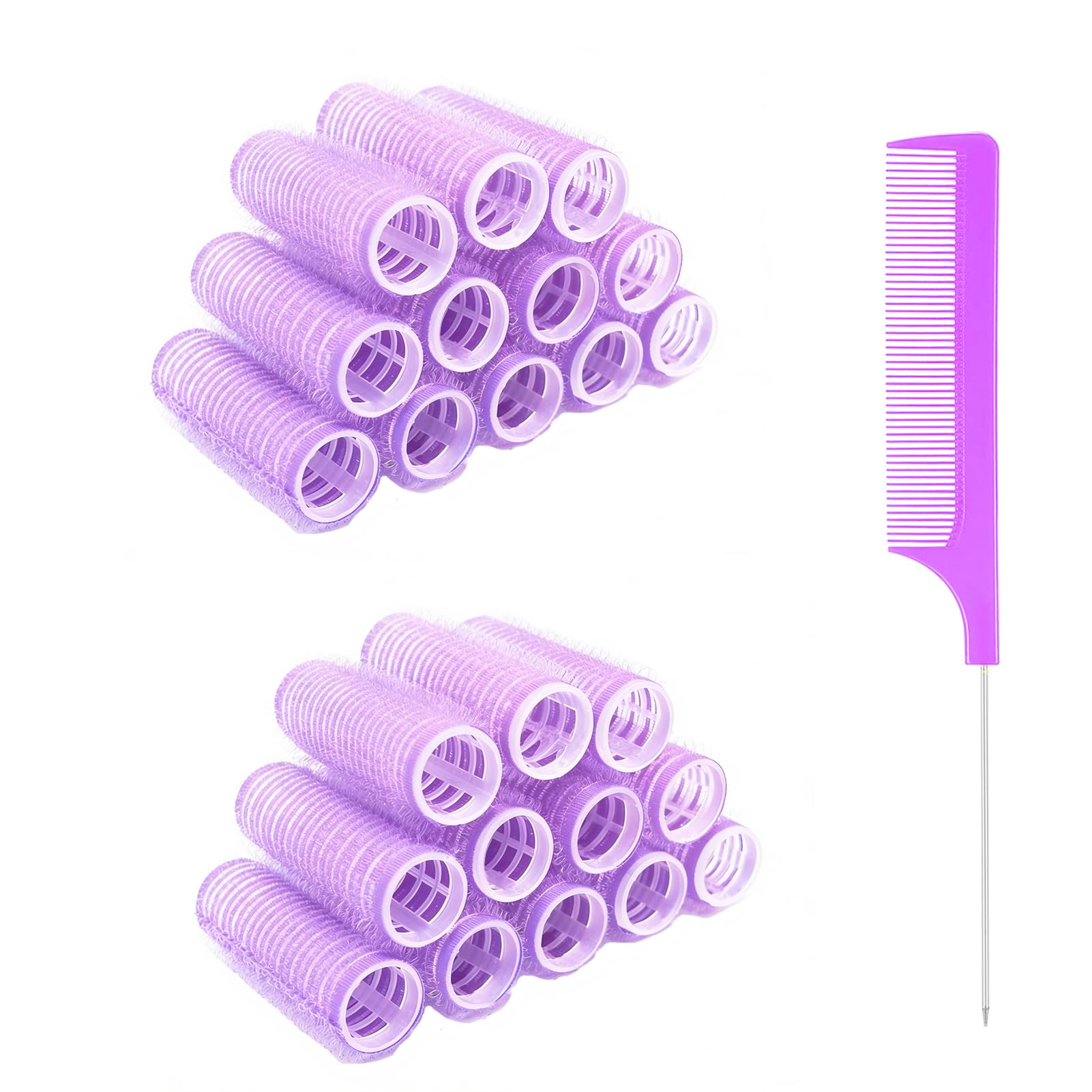 Hair Roller, 24PCS Self Grip Small Hair Curlers Set Nylon, Purple, Pro Salon Hairdressing Curler DIY Curly Hairstyle Hair Rollers Tools Rat Tail Comb for Women Medium Short Hair