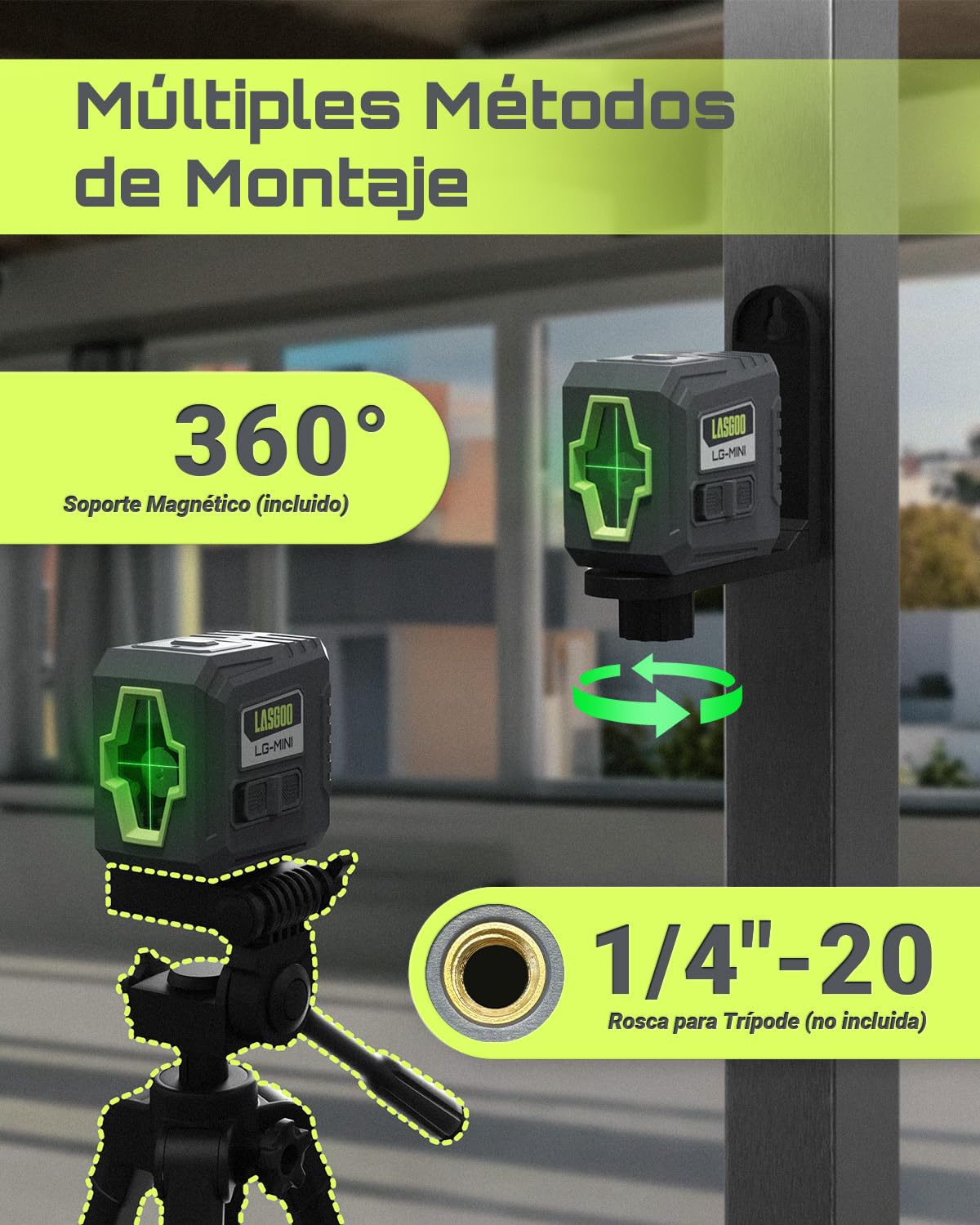 LASGOO Mini Nivel Láser Verde Autonivelante, Láser de Línea Cruzada ideal para Colgar Cuadros y Construcción, Incluye Soporte Magnético Giratorio y Pilas, Compacto y Portátil