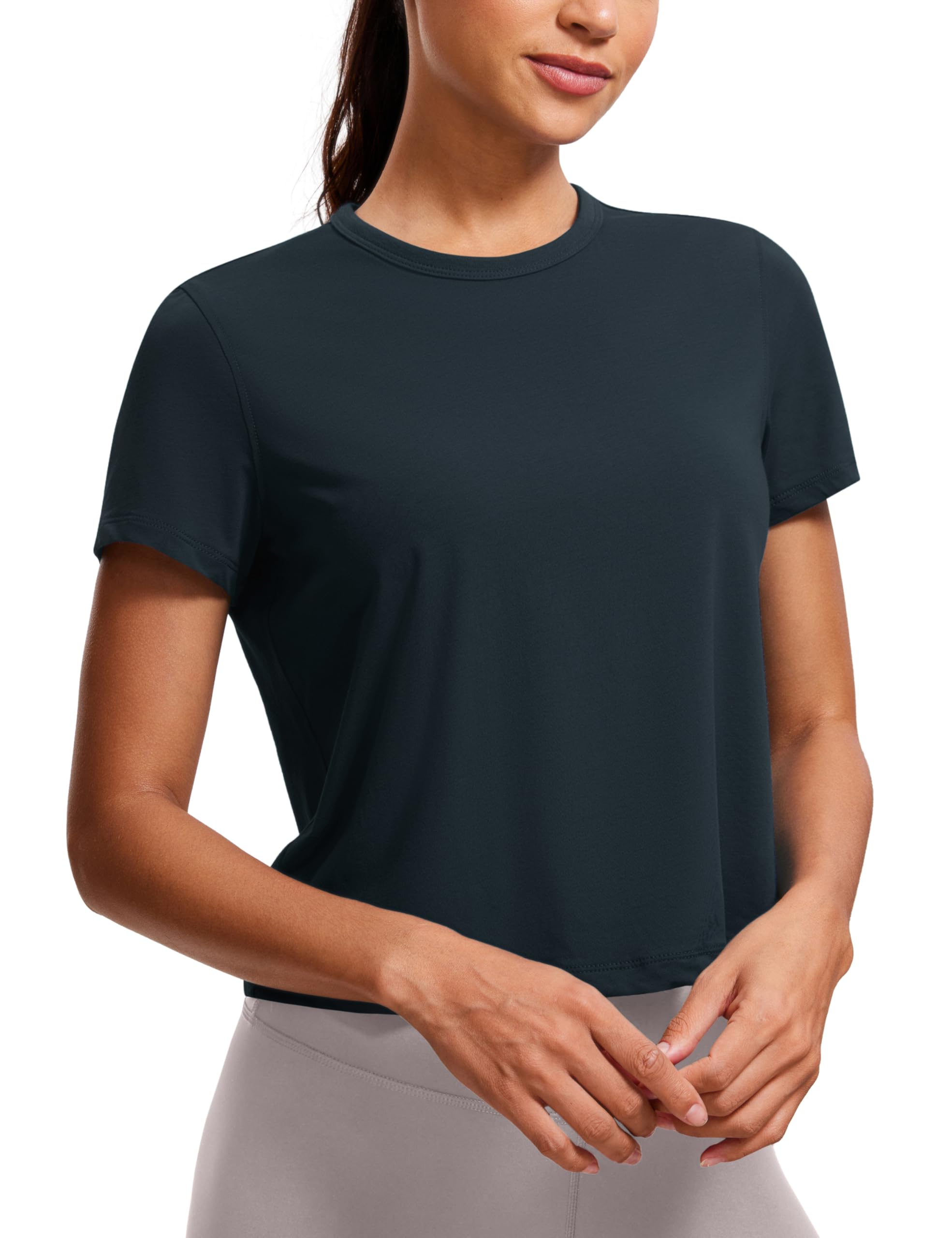 CRZ YOGA Women's Pima Cotton Short Sleeve Crop Tops High Neck Cropped Workout Shirts Yoga Athletic Casual T-Shirt