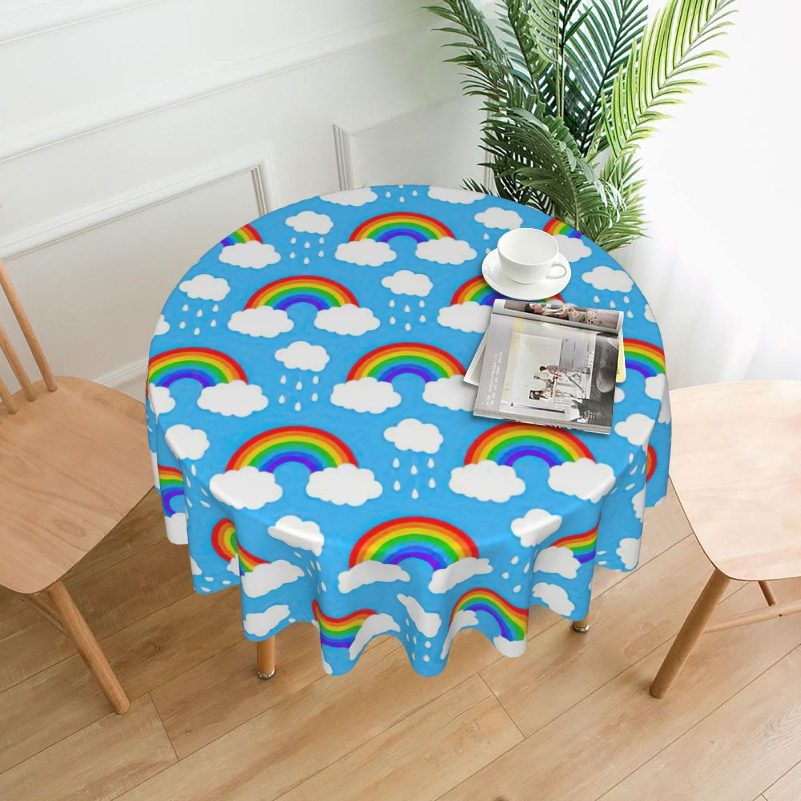 Uusnwaa Rainbow Clouds Raindrop Print Round Tablecloth 60 Inch, Stain Wrinkle Resistant Washable Polyester Table Cover For Kitchen Party
