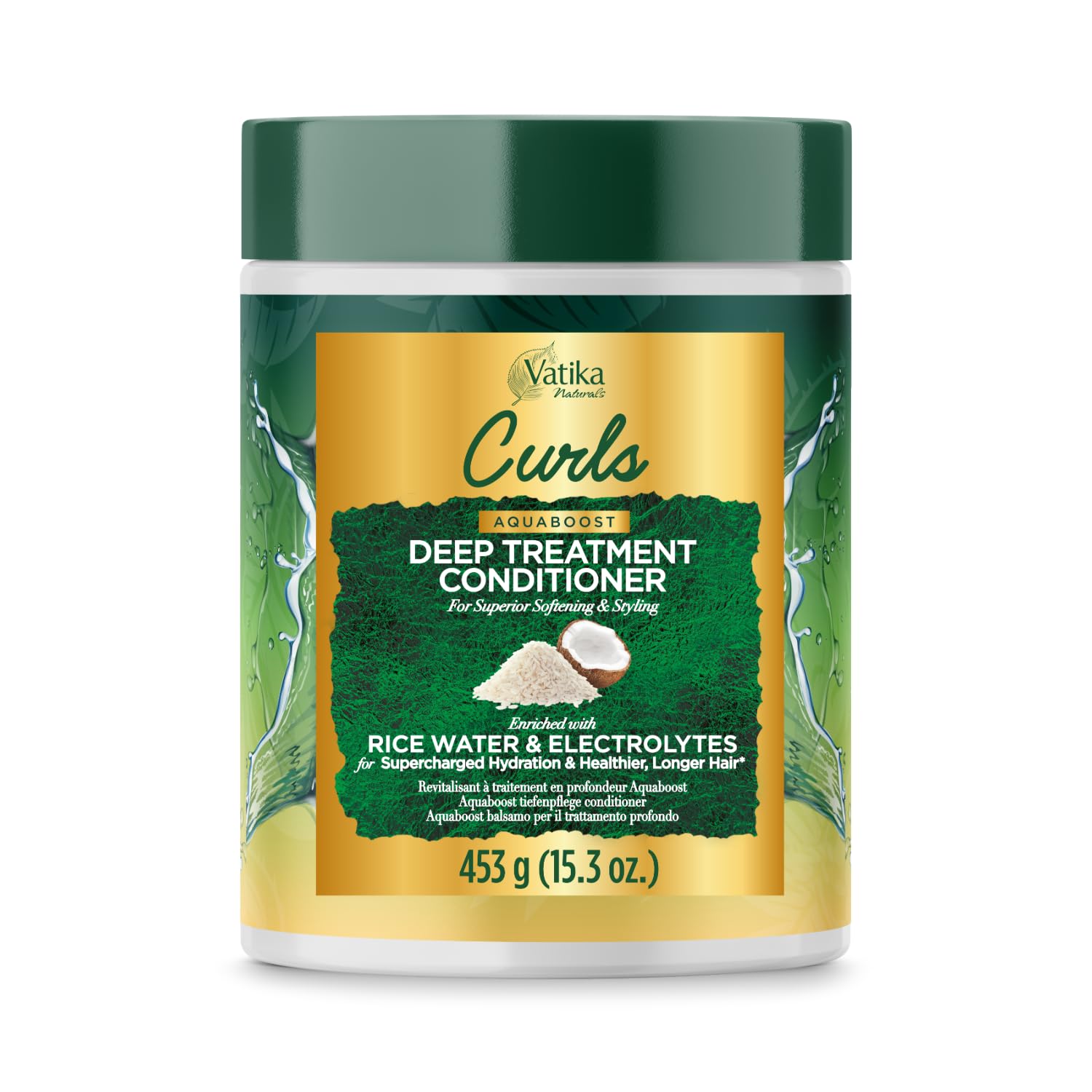 Vatika Naturals Curls AQUABOOST Deep Treatment Conditioner with Rice Water & Electrolytes – Hydration, Strength & Shine for Curly Hair, 453g
