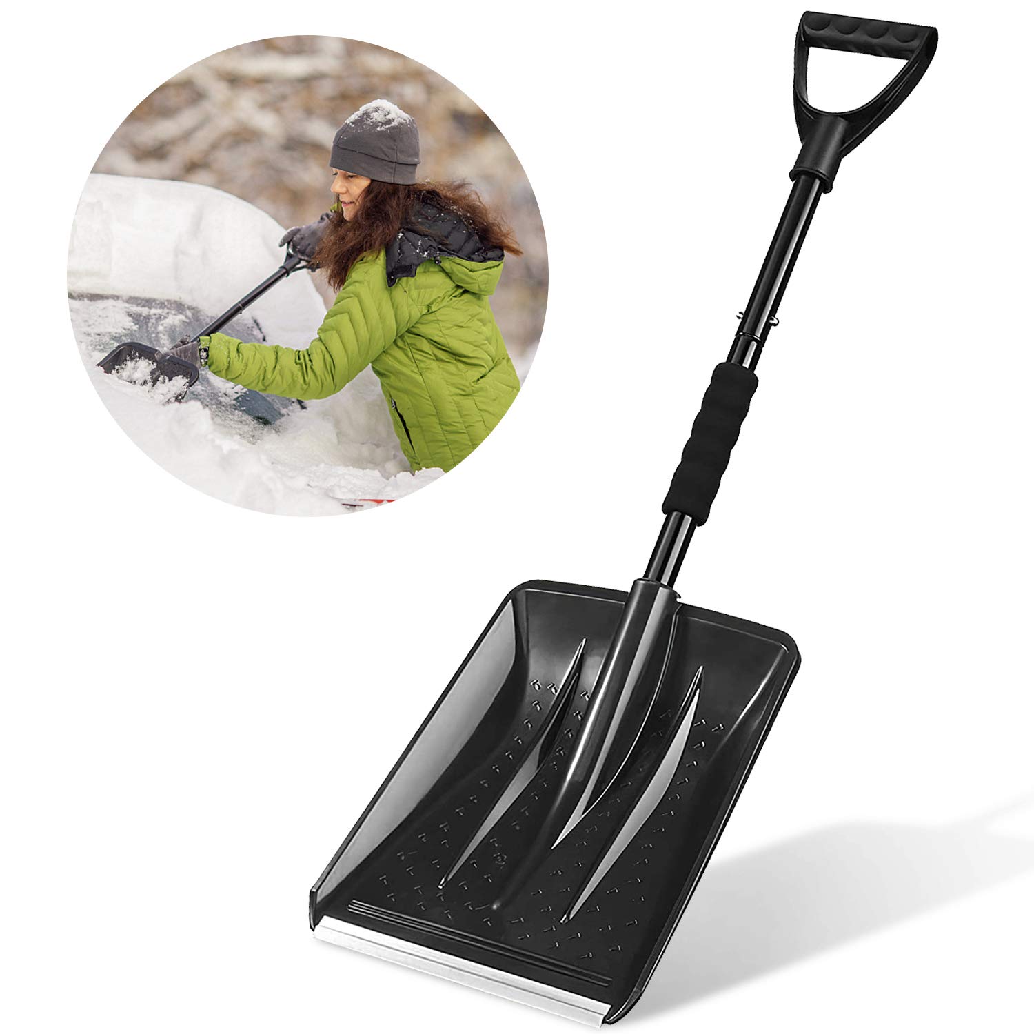 Snow Shovel for Car, Large-Capacity Foldable Lightweight Aluminum Telescopic Portable Snow Shovel, Parent-Child Playing Snow, Shovel for Garden, Car, Camping with Extra Ice Scrape