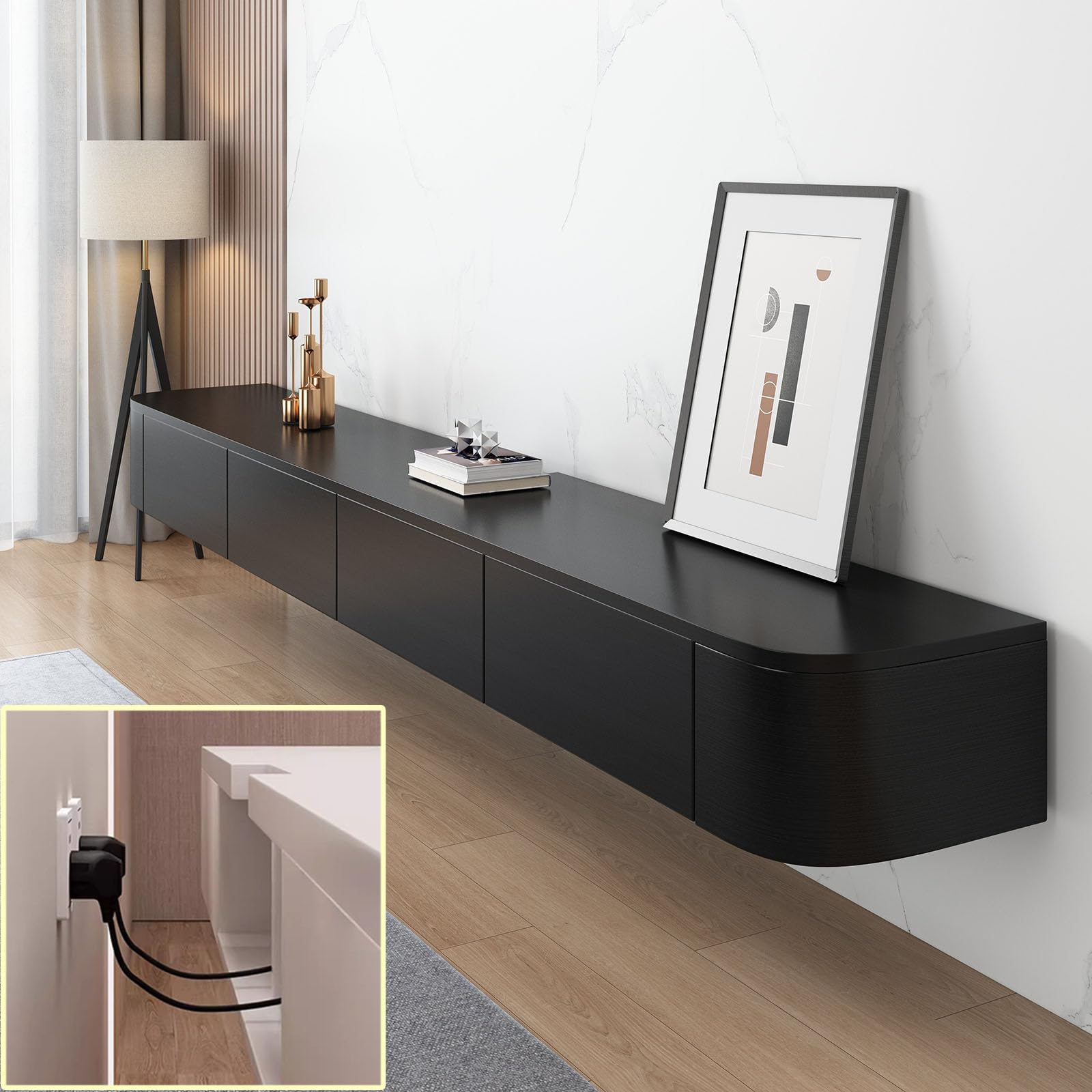 XDXINY TV Media Console Floating TV Cabinet Wall Mounted TV Cabinet Multi Large Storage TV Bench Under TV Lowboard with drawers Router Bracket (Black, 120 * 20 * 24CM)