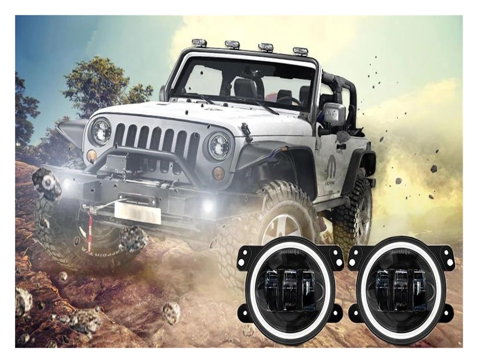 Faros Delanteros para Jeep para Wrangler JK TJ LJ Luces Antiniebla LED con Anillo Halo Blanco DRL Lámpara Señal Giro Ámbar 60W 4 Pulgadas Faros