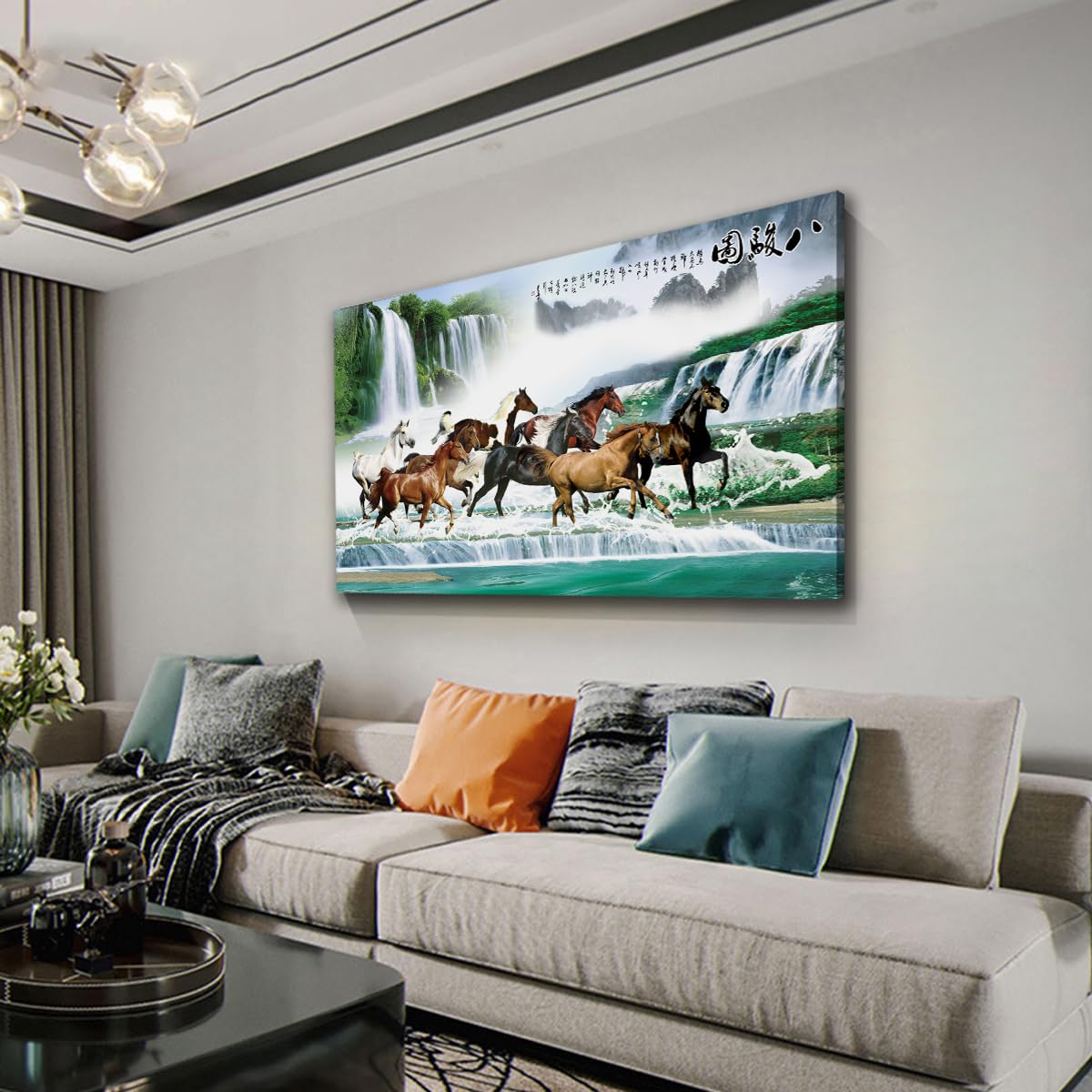 CHERHERART Osiem koni obraz ścienny na płótnie chiński krajobraz i malarstwo zwierząt wydruki do domu biura gabinet salon dekoracja wewnętrzna rama 55 x 110 cm