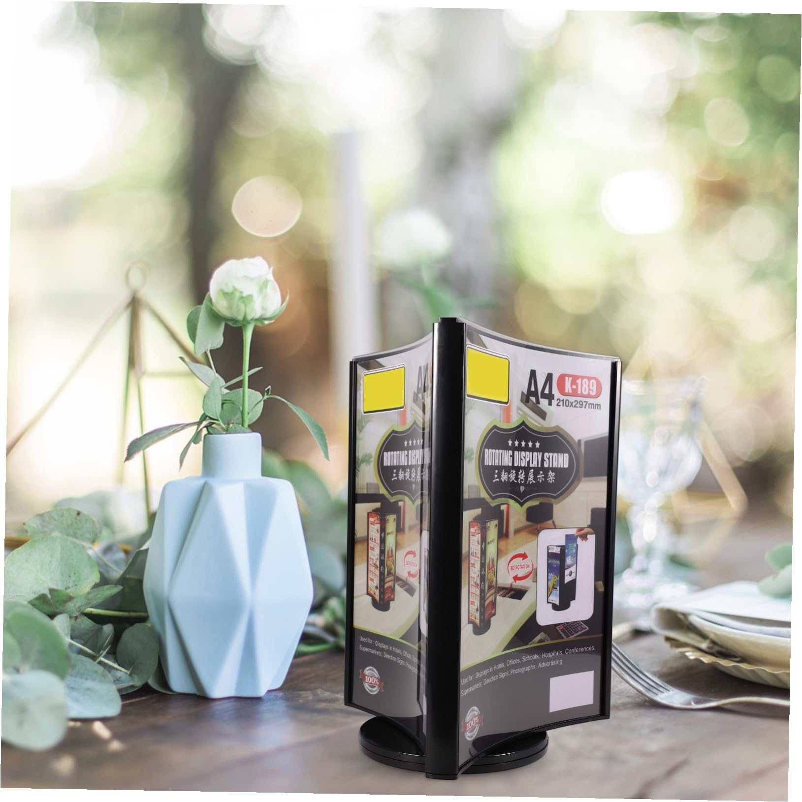 Porta Menú de Tres Caras de Acrílico Negro con Soporte Giratorio Fácil de Usar con Exhibición Vertical para Restaurantes y Bodas