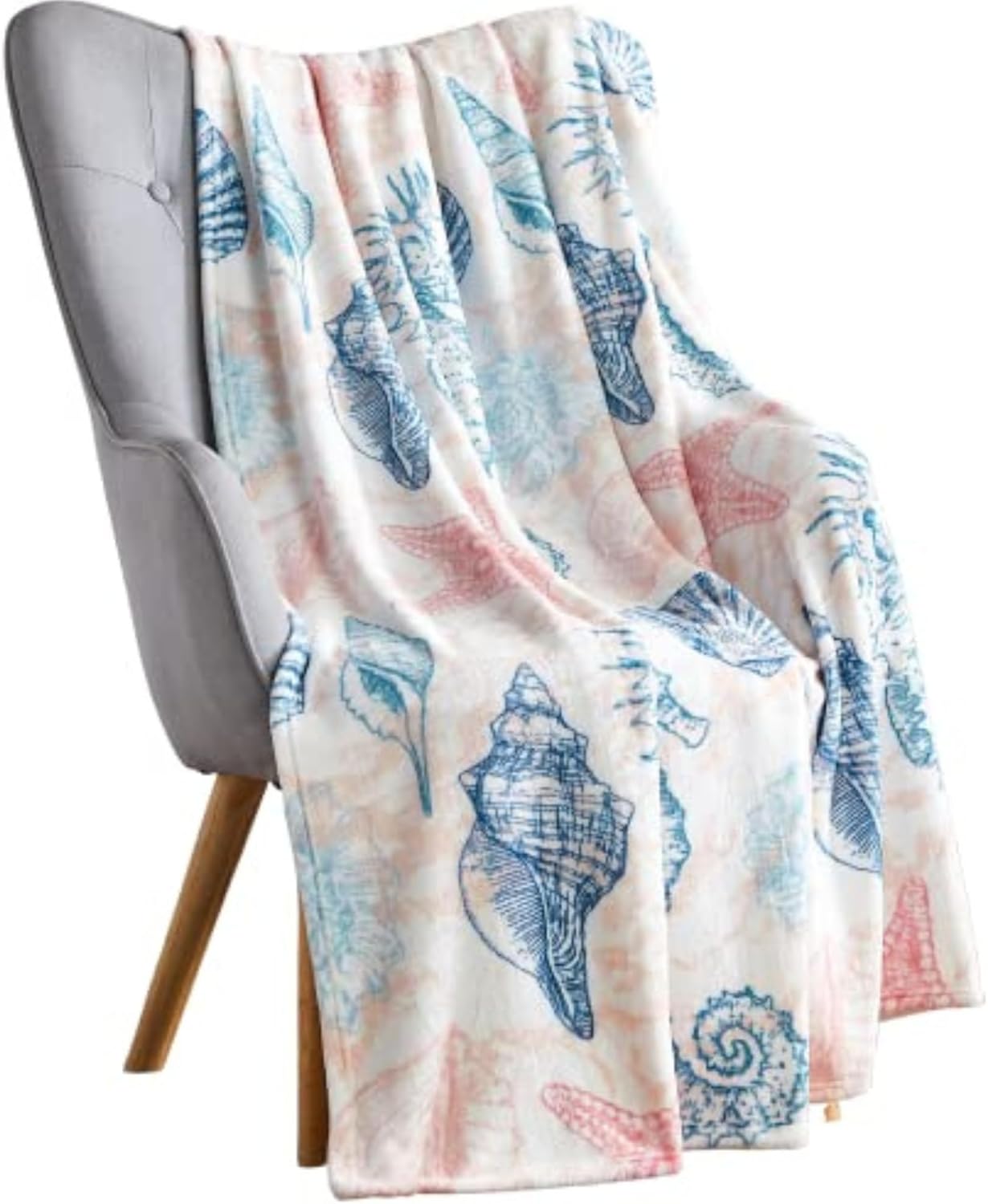 Decorative Ocean Life Coastal Throw Blanket: Soft Plush Velvet Fleece Calming Hues of Blues and Soft Coral Pink, Accent for Sofa Couch Chair Bed or Dorm (Kai)