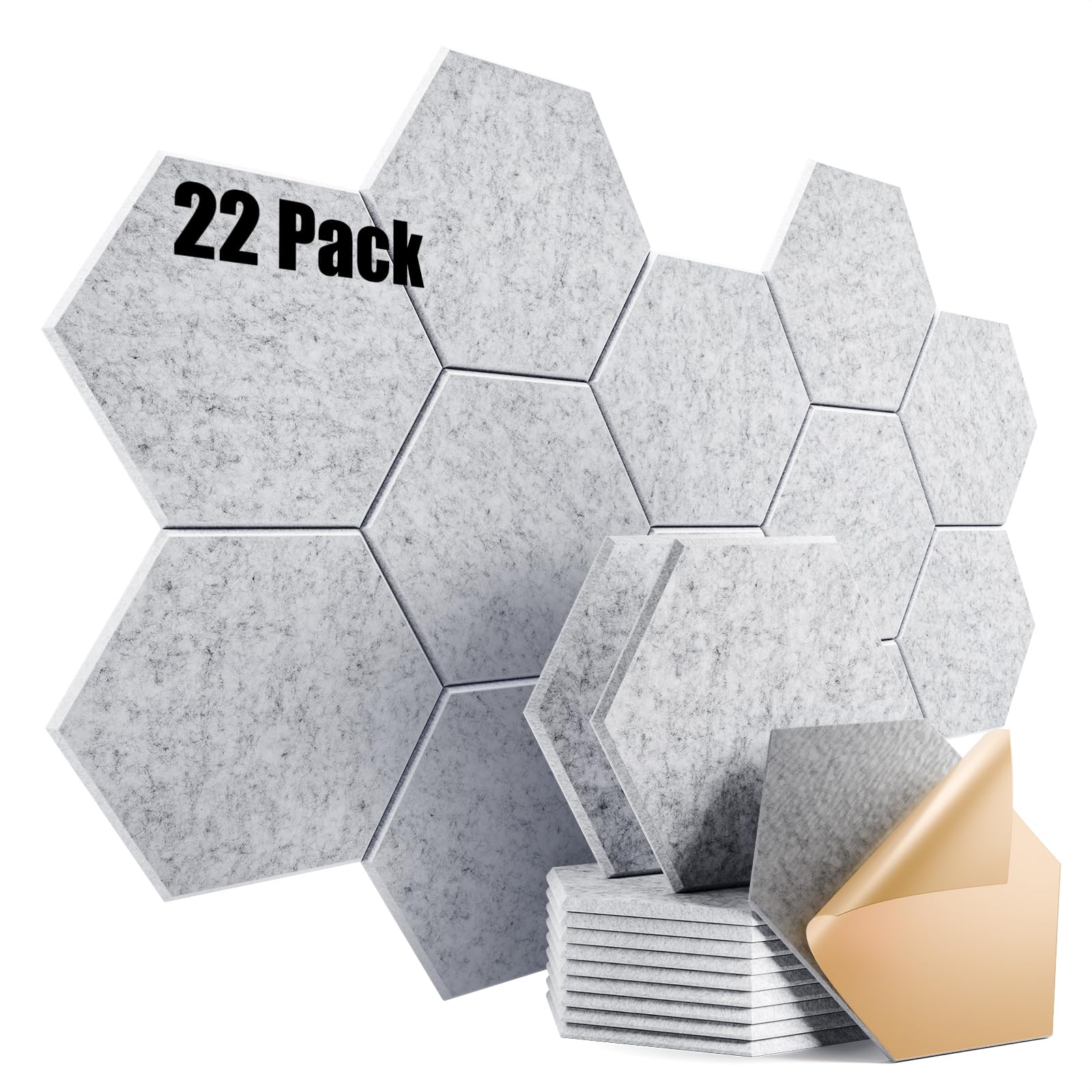 22 Pack Self-Adhesive Acoustic Panels 12" X 10" X 0.4" - Sound Proof Foam Panels with High Density, Hexagonal Design, Flame Resistant, Absorb Noise and Eliminate Echoes(Silvergray)