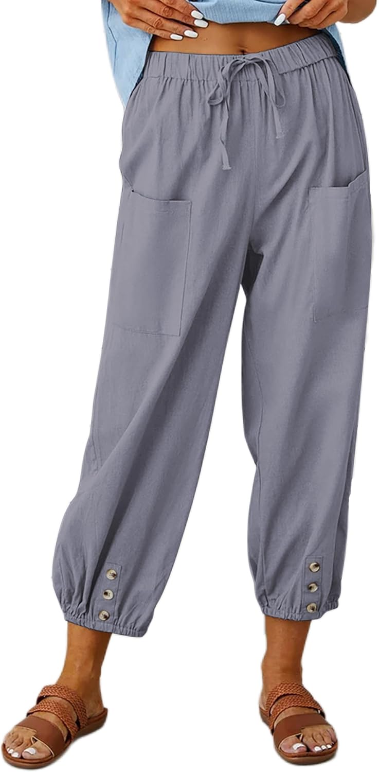 HangNiFang Cotton Linen Capri Pants for Women High Elastic Waisted Drawstring Cropped Pants with Pockets