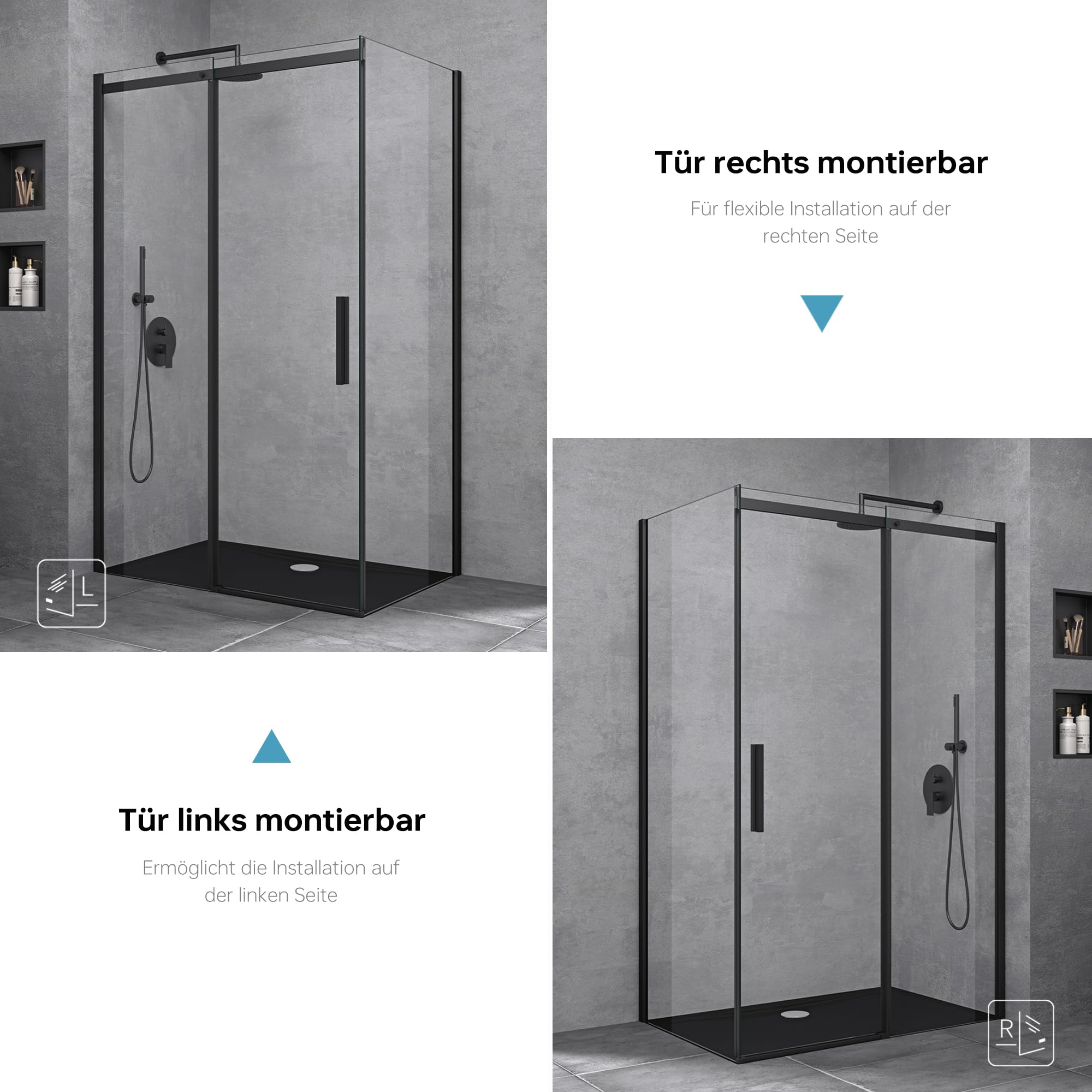 doporro Duschkabine Schiebetür 90x120x195cm schwarz Eck-Duschkabine Duschabtrennung ESG-Sicherheitsglas Klarglas inkl. Easy-Clean-Beschichtung Einstieg links/rechts | Duschwand, Höhe 195 cm, transparentes Glas, schwarzes Profil, wendbare Montage, Ravenna1