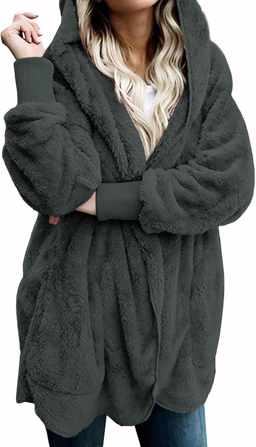 Zilcremo Women Hooded Cardigan Fuzzy Jacket Winter Open Front Fleece Coat Outwear with Pockets