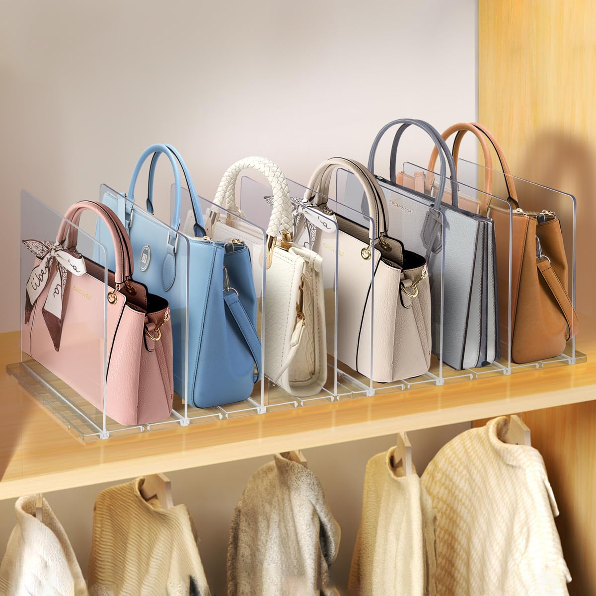 Purse Organizer for Closet, Adjustable Clear Handbag Storage Shelf, Purse Bag Shelf Divider for Organizer, Acrylic Bag Separators Storage Organizer Bookshelf Dividers in Bedroom Office - 2 Sets