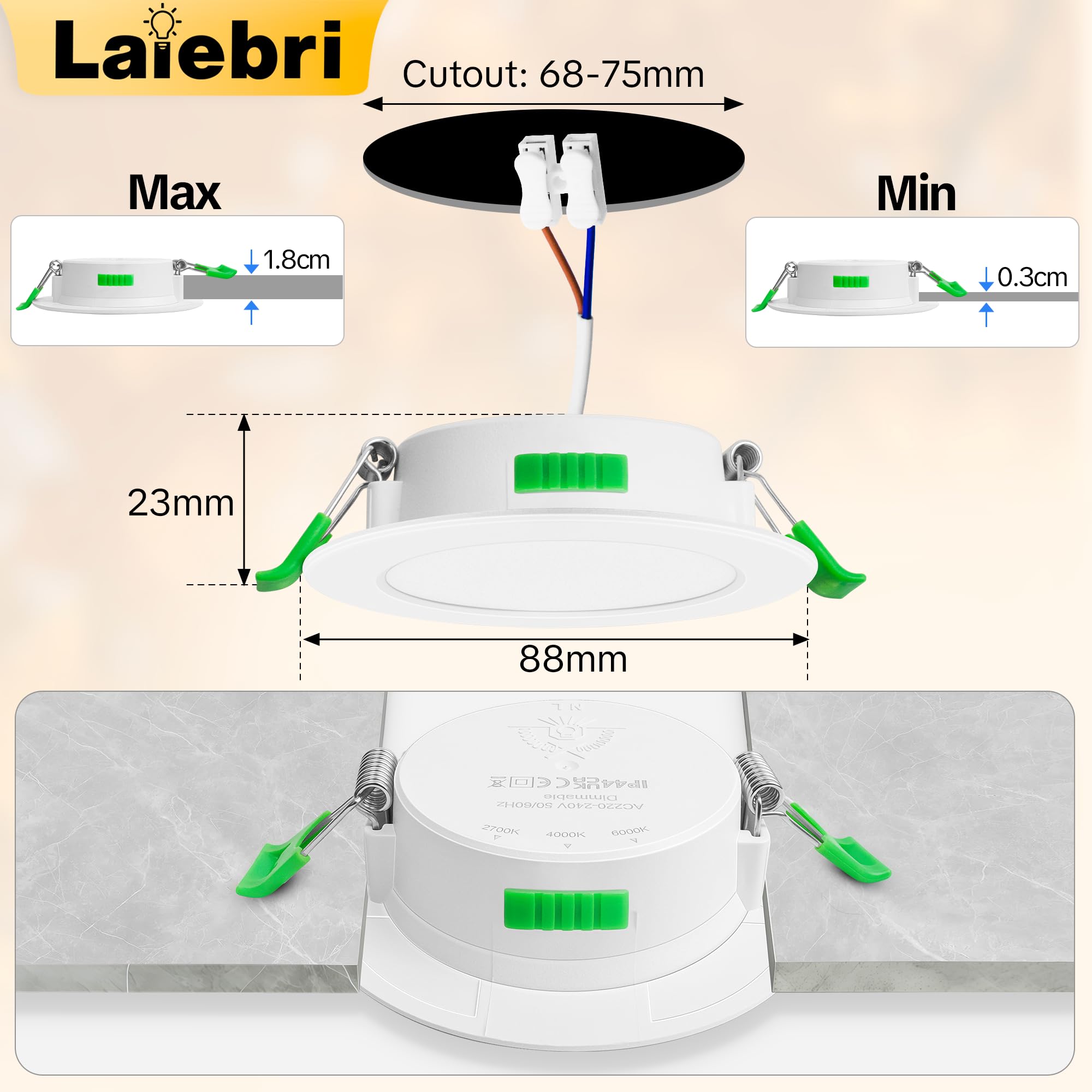 Spots LED Encastrable 230V Blanc IP44 5W 500lm 2700K/4000K/6000K Ø 68-75mm Lot de 6