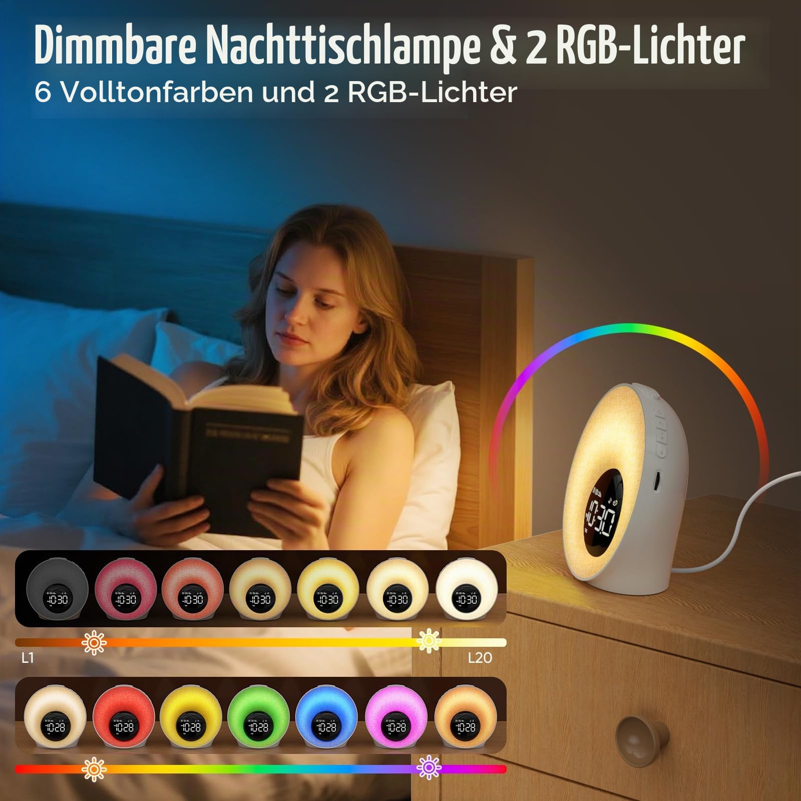 Tageslichtwecker, Lichtwecker Sonnenaufgang Wecker mit Licht,Wecker Digital | Mit 2 Alarme und Snooze, White Noise Machine mit 30 Schlafgeräusche, Nachttischlampe mit 20 Helligkeit, 8 Farblicht, Timer