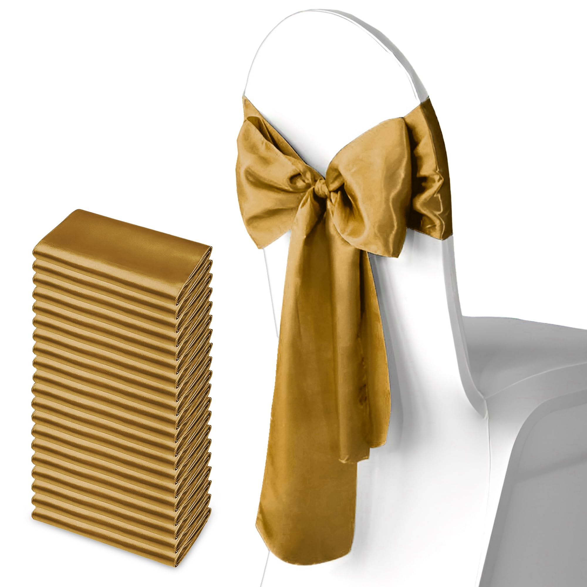 Trimming Shop Gold Satin Chair Sash Wider Fuller Bows Chair Sashes Hammed Edges Bow Back Tie for Wedding Birthday Party Banquet Event Decoration, 25pcs