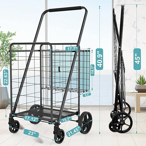 Miniatura 5 de Carrito de compras de 330 libras de capacidad para comestibles, carrito de comestibles jumbo mejorado con forro impermeable, ruedas giratorias