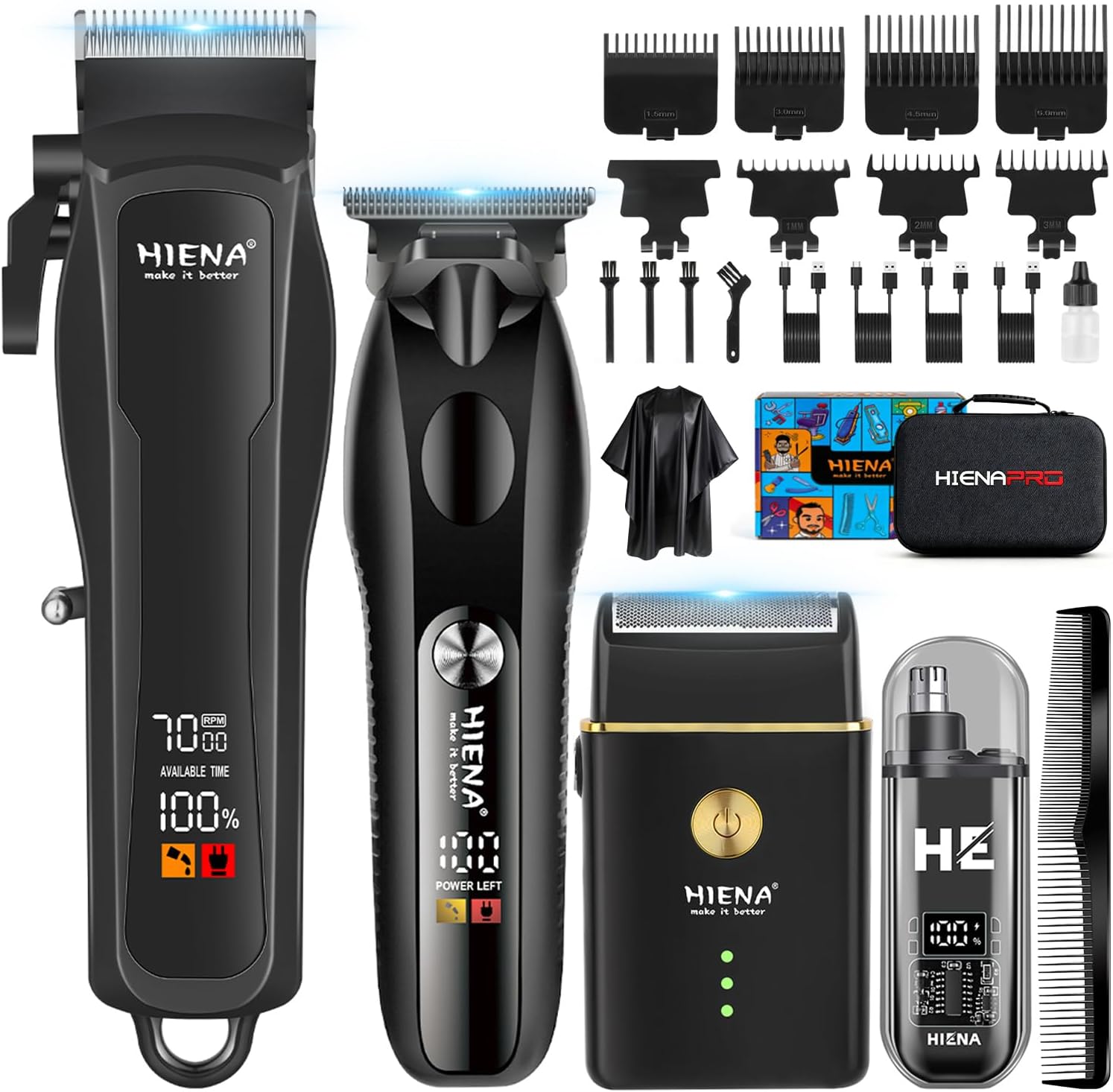 HIENA PRO Hair Clippers for Men Professional, Cordless Barber Clipper T-Blade Beard/Hair Trimmer Electric Razor Foil Shaver Set, Men's Hair Cutting Kit with LED Display, Barber or Home Use