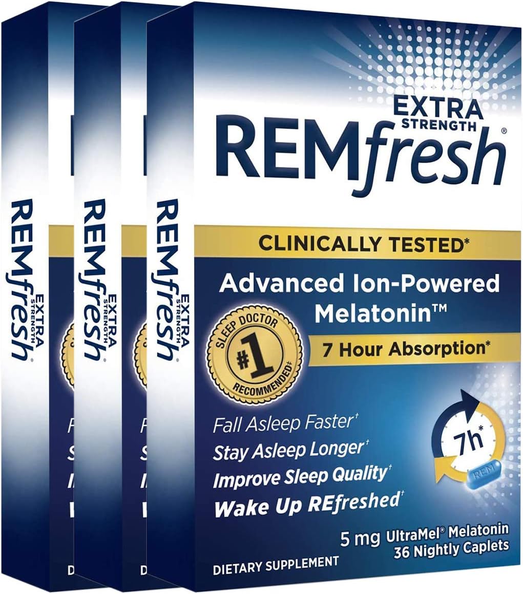 REMfresh Extra Strength 5mg Melatonin Sleep Aid Supplement (108 Caplets Total) | Sleep Supports Immune Function | #1 Doctor Recommended | Pharmaceutical-Grade, Ultrapure Melatonin