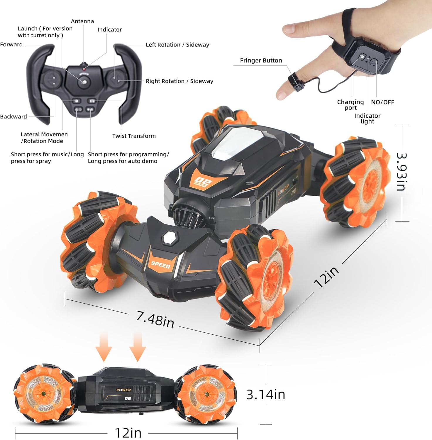 Rc Car Shoot SoftBullet,Fits for Nerf, Remote Control Hand Gesture Stunt Drift Truck, 360°Rotating Battle Tanks with Soft Bullets Water Bomb, Spray, Music, Led, Toy Gifts（Orange）