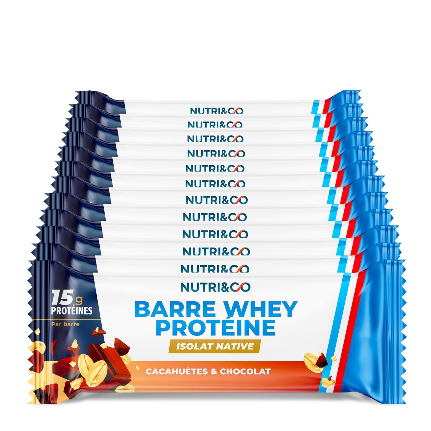 NUTRI & CO Barres Protéinées Whey Isolat Native - 15g de Protéines - Musculation & Récupération - 100% Clean sans protéines végétales ni Huile de Palme – Lot de 12 Barres Cacahuètes & Chocolat