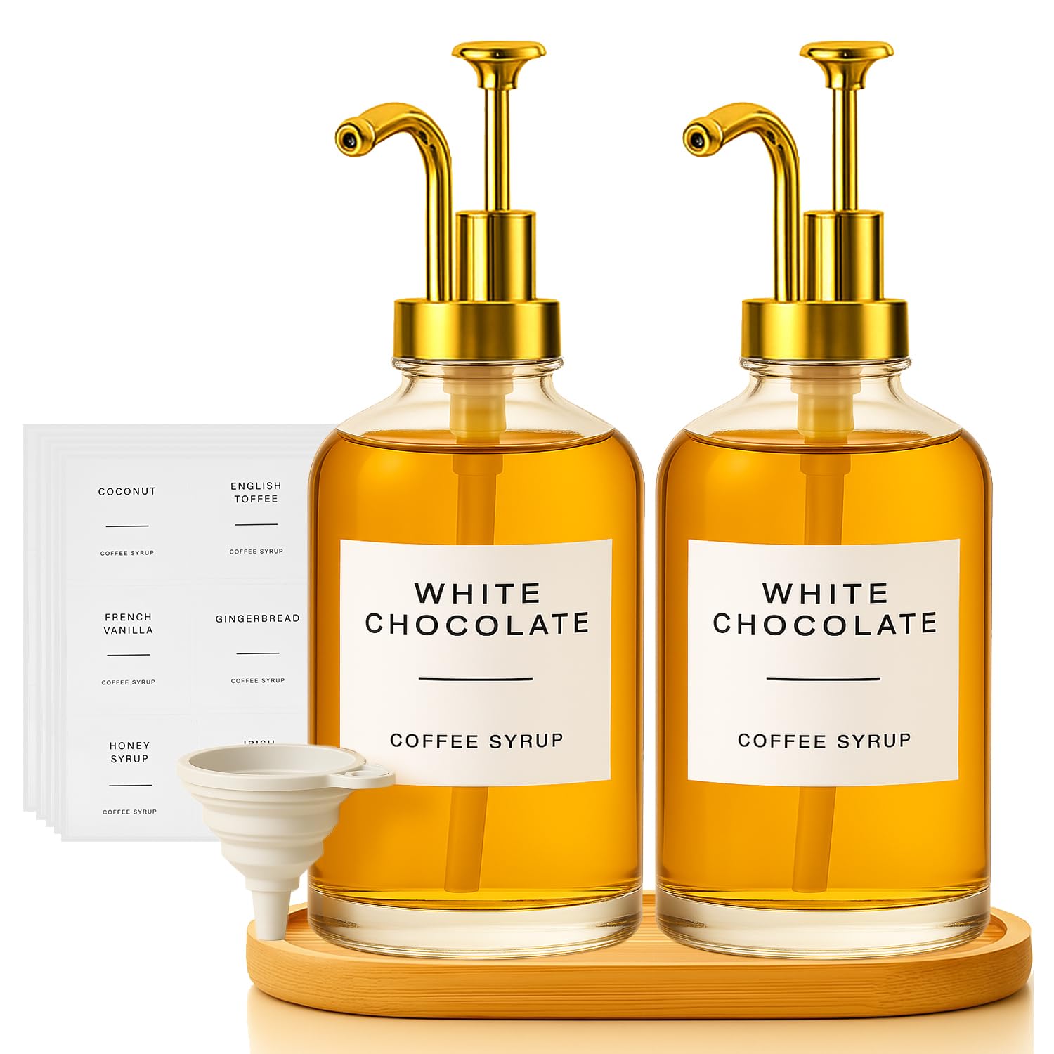2 Pack 16oz Glass Coffee Syrup Dispenser with Gold Pump, Elegant Coffee Bar Accessories with Labels, Reusable Syrup Bottles for Kitchen, Café & Home Decor