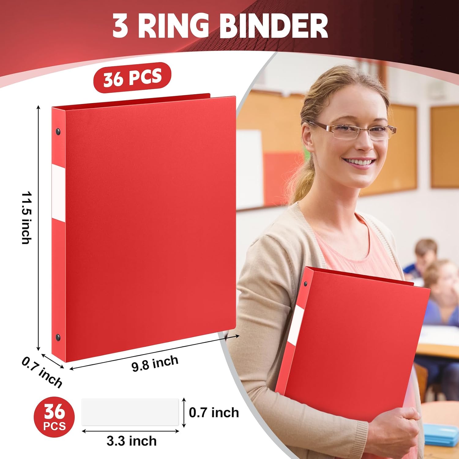 Henoyso 36 Pack 0.5 Inch Plastic 3 Ring Binder Round Ring, Bulk 1/2 Inch Flexible Binders Hold 140 Sheets Letter Size with Pocket, Document Organizer for Back to School Classroom Office (Red)