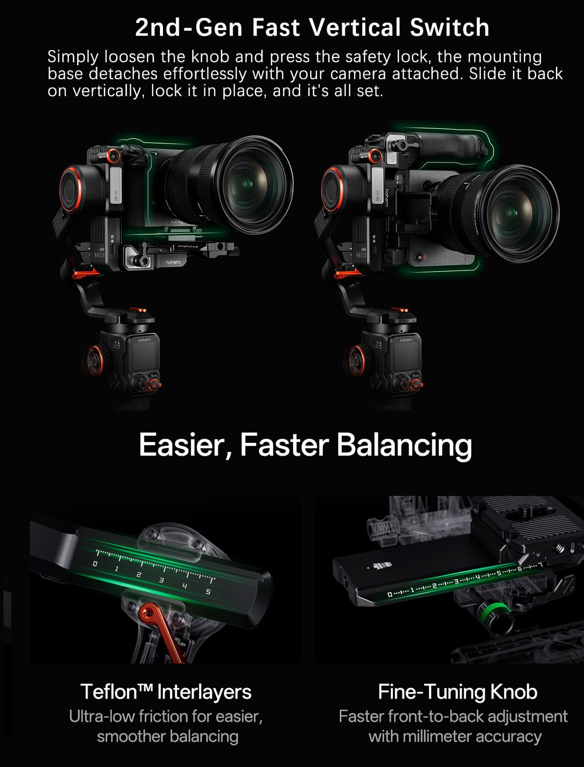 hohem iSteady MT3 PRO Stabilizzatore fotocamera per Canon Sony Panasonic Nikon Fujifilm GoPro Smartphone, Carico Utile di 5,51 LBS, Gimbal con tracciamento AI, Telecomando Rimovibile