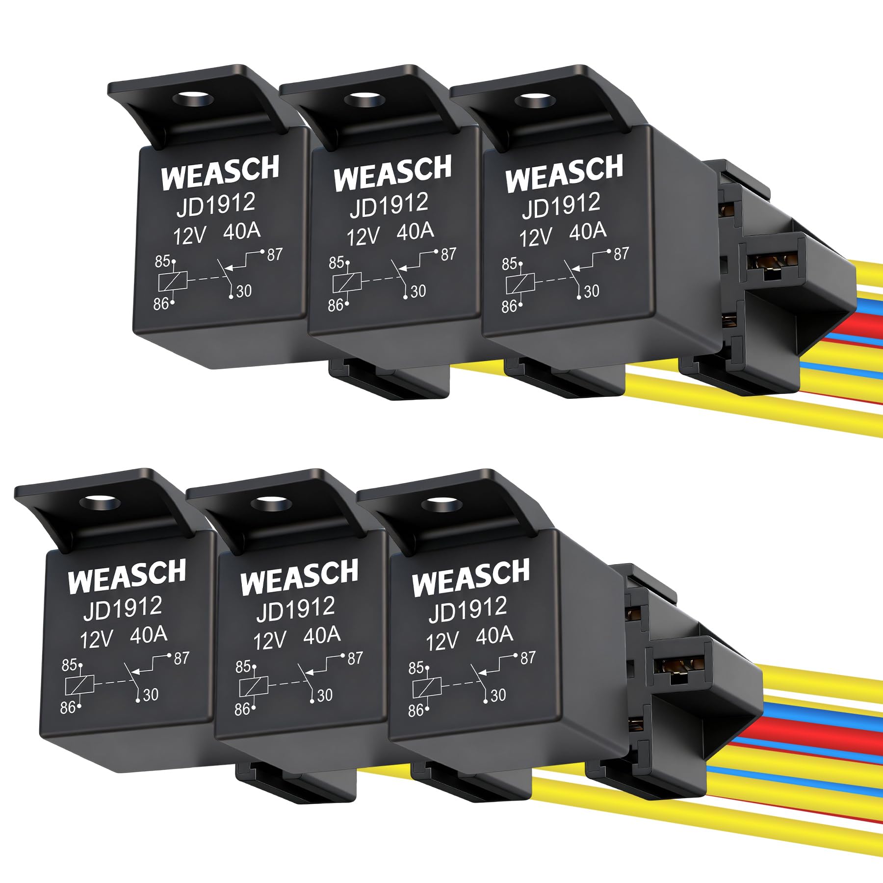 Weasch 6 Stück JD1912 Kfz-Relais, 12V 40A, SPST 4-polig, 40A Kfz-Relais, Kfz-Schalter und -Anlasser, mit verriegelbarer Relaisfassung und Kabelbaum