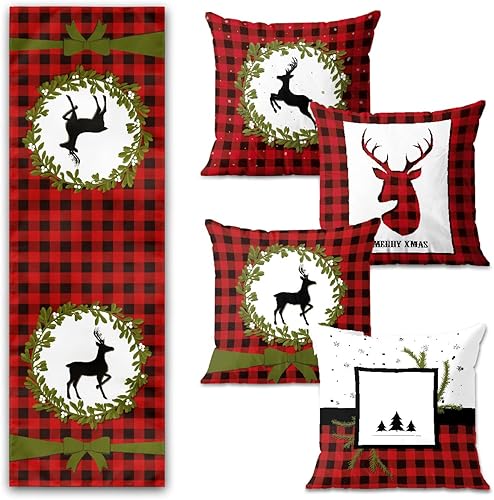 Juego de camino de mesa a cuadros rojos con 4 fundas de almohada, decoración de sala de estar, decoración de mesa navideña y almohadas decorativas,