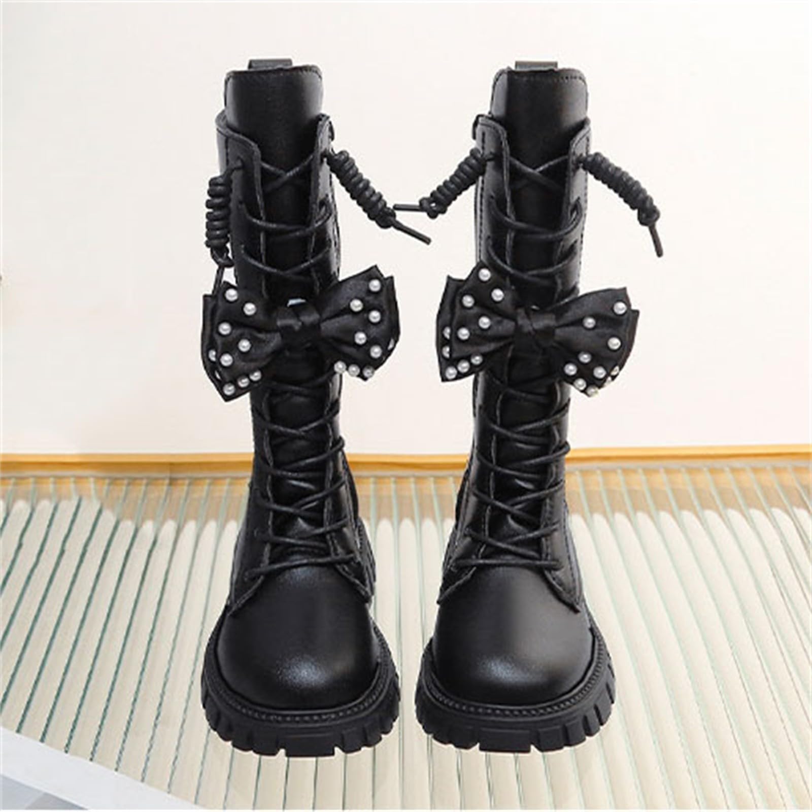 Mädchen Langschaft Stiefel Perlen Schleife Schnürstiefel aus Leder