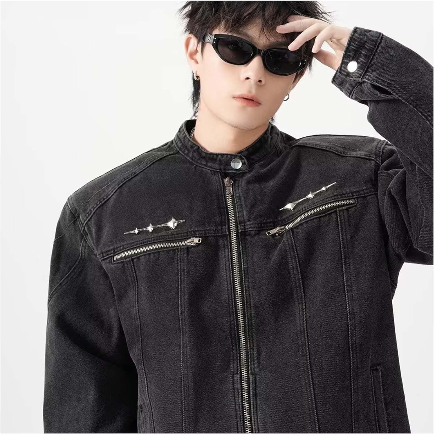MLAFE Y2K Mens Jeans Jacket, Harajuku Style Vintage Washed Trucker Jacket, Stand Collar Zip Up Retro Coat Streetwear Fashion