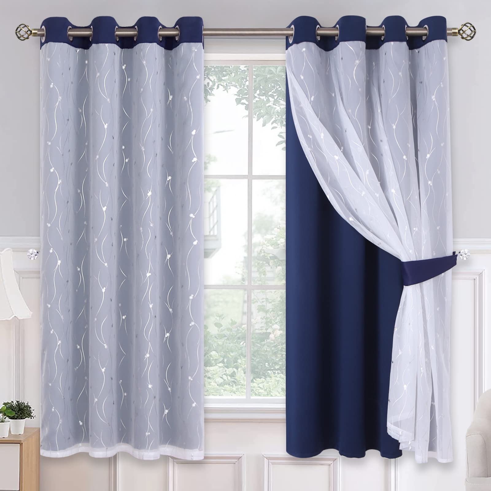 BGment Blackout Curtains with Sheer Overlay, Silver Printed Tulle Double Layer Curtains for Living Room, Grommet Thermal Insulated Window Curtains for Bedroom, 2 Panels Each 52 x 63 Inch, Navy Blue