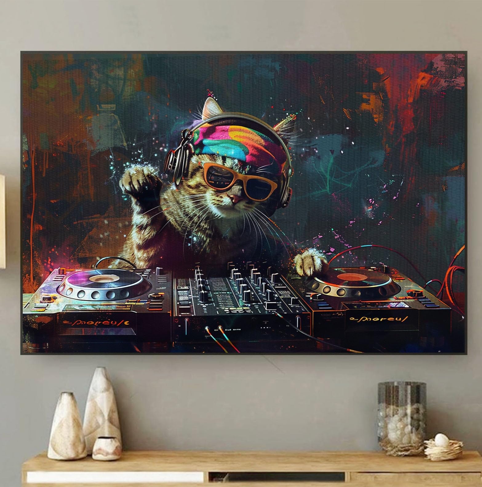 Amazon.com: DINHVBIEN9322 Canvas Print Wall Art- Cat Play DJ in