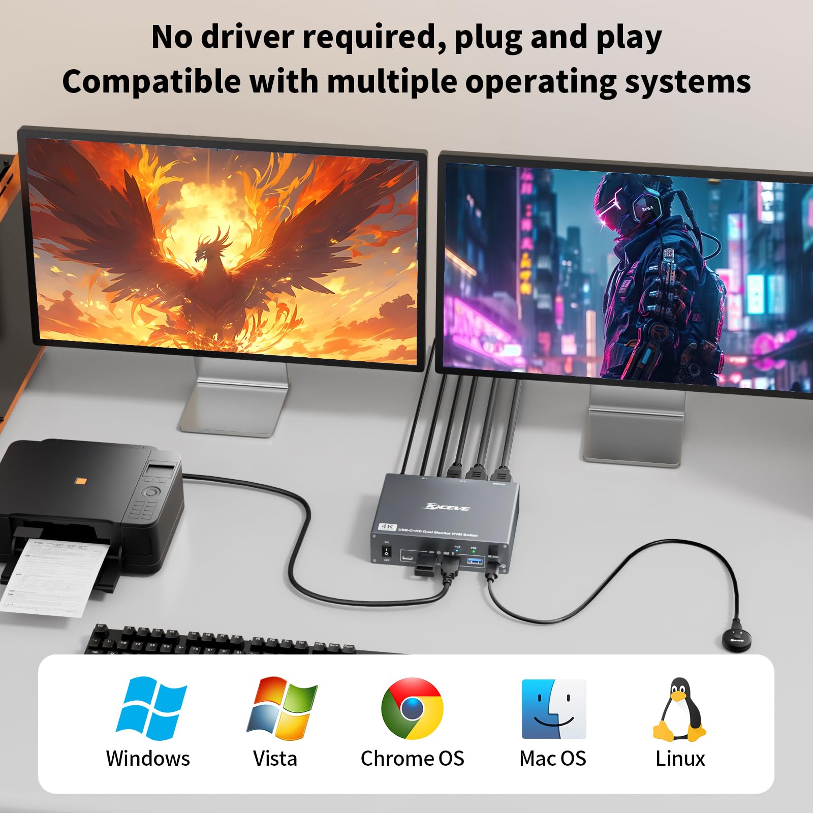 Przełącznik KVM 4K 60Hz USBC HDMI KVM 2 PC 2 monitory do 1 laptopa i 1 komputera stacjonarnego, podwójny monitor KVM przełącznik z 4 portami USB 3.0, ładowanie 73 W PD, z pilotem zdalnego sterowania