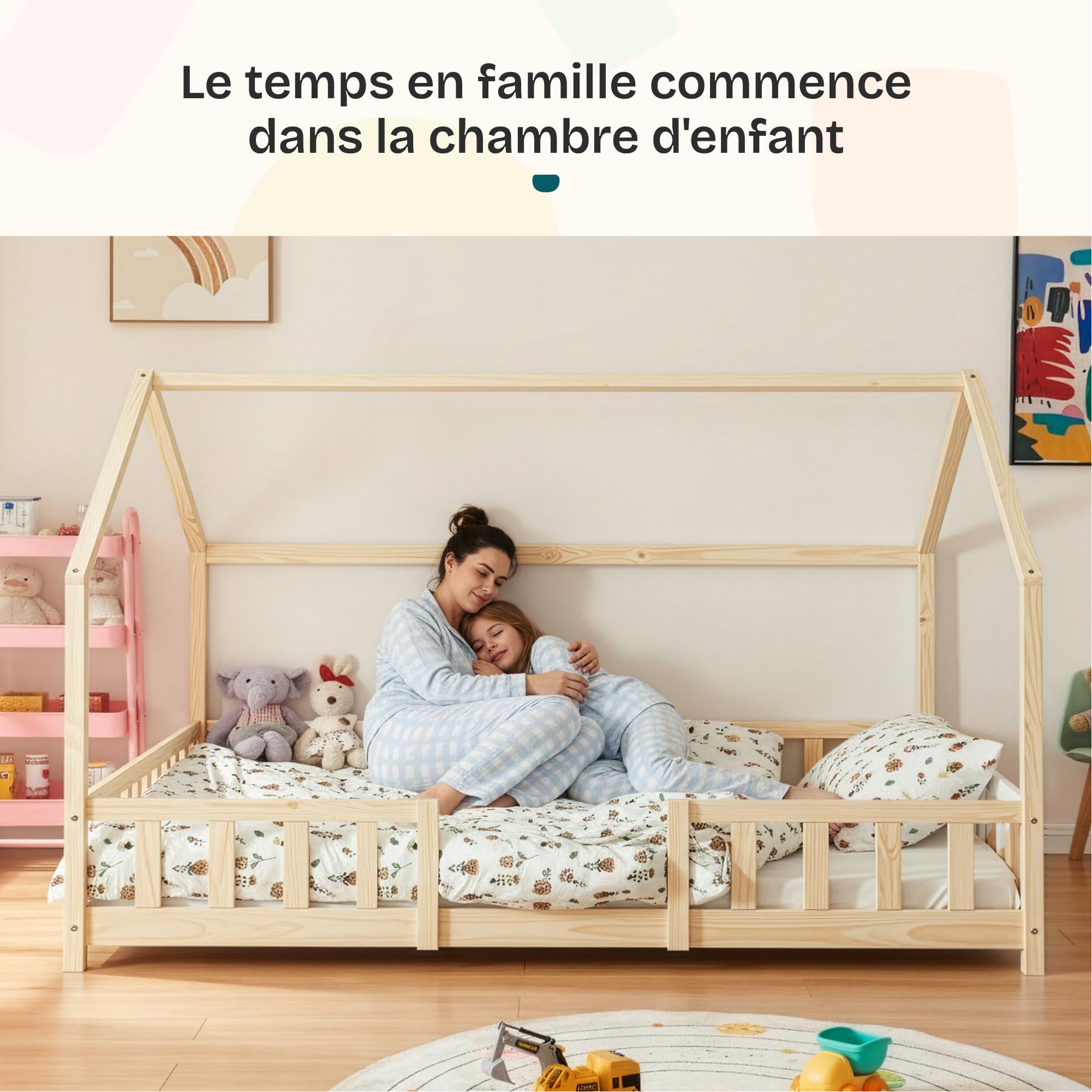 [en.casa] Cama para Niños de Madera Pino Sisimiut con Colchón Espuma Fría 120 x 200 cm Cama Infantil con Reja Protectora Somier Forma de Casita - Pino Natural