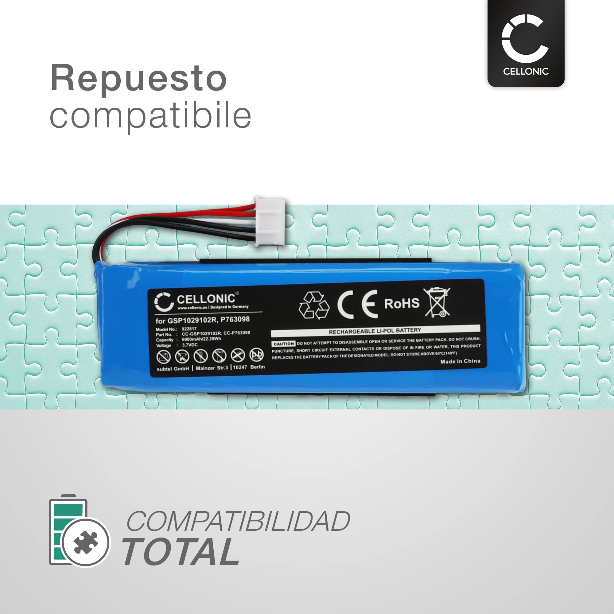 CELLONIC 1x Batería para Altavoz Compatible con JBL Charge 2, Charge 2 Plus, Charge 3 (2015), GSP1029102 - (6000mAh, 3.7V)