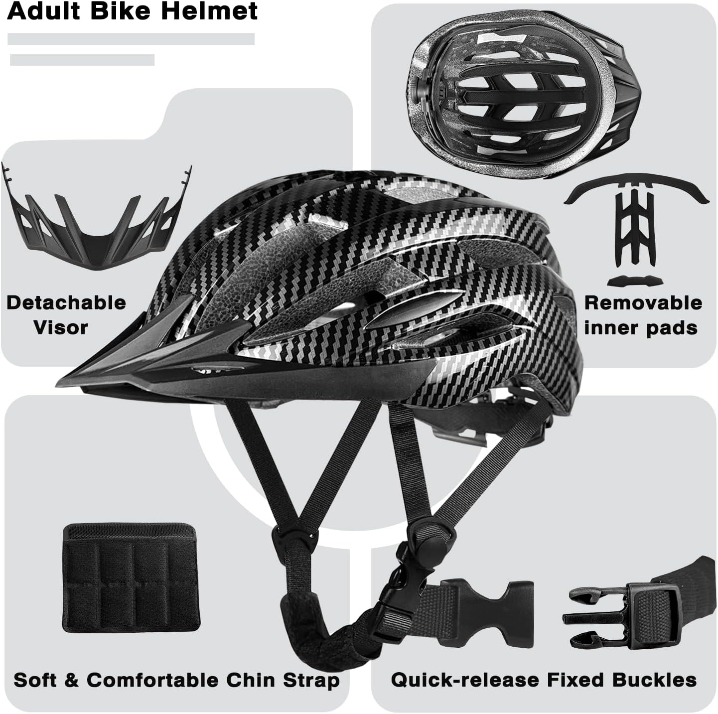 Adult Bike Helmet Men for Women with USB Rechargeable Rear Light, Detachable Sun Visor, Adjustable Dial,Fits 56-62cm, CPSC Safety Certified Bicycle Helmet