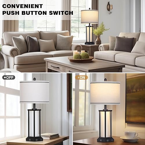 Miniatura 5 de 27" Tall Vintage Table Lamp with USB C+A & Outlet,Black Industrial End Table Lamp for Living Room,Farmhouse Rustic Bedside Lamp with Frosted Glass