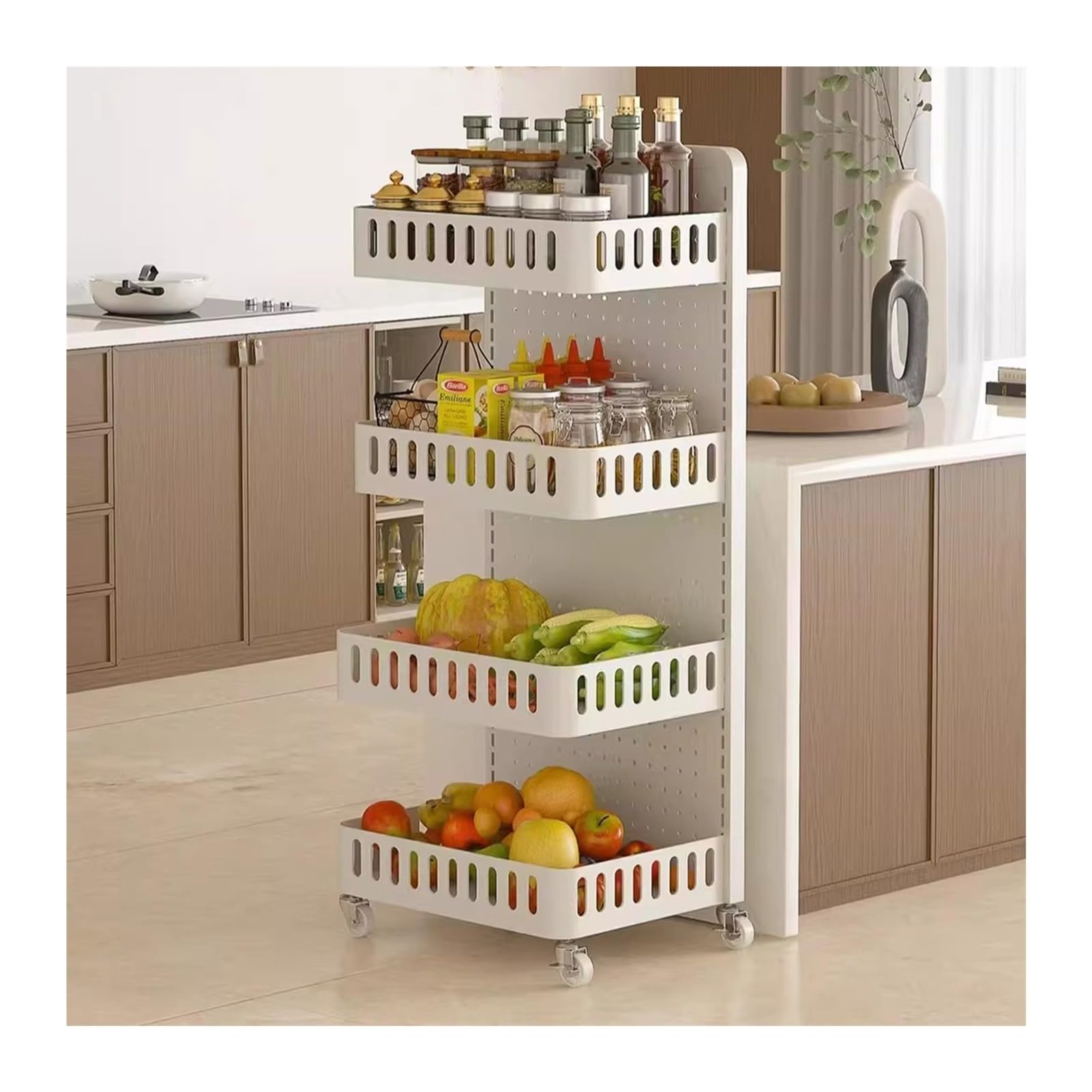 Carrito Cocina Ruedas Y Panel Perforado, Carro Multiuso 4 Niveles Acero Carbono, Estantería Almacenamiento Móvil Cestas Extraíbles Y Verdulero Ruedas Silenciosas 360°(4-Tier/40x30x95cm)