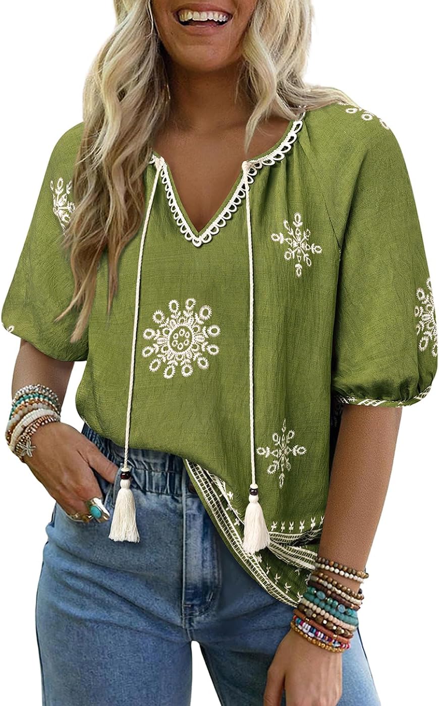 Summer Womens Spring Tops for Women Casual V Neck Half Short Sleeve Boho Blouses Shirts Flowy Vacation Clothes