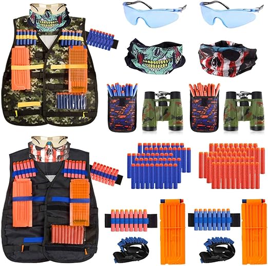 2 Pack Kids Tactical Vest Kit for Nerf Guns Game N-Strike Elite Series Wars with Refill Darts, Reload Clips, Dart Pouch, Tactical Mask, Wrist Band and Protective Glasses for Boys ,Girls