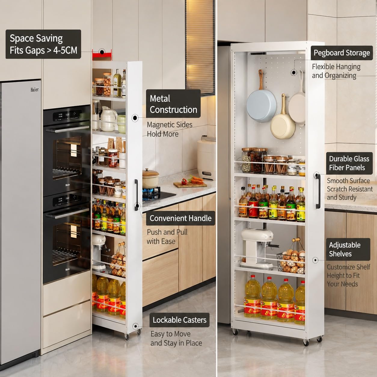 Armario Deslizante Estrecho con Estantes Ajustables para Cocina