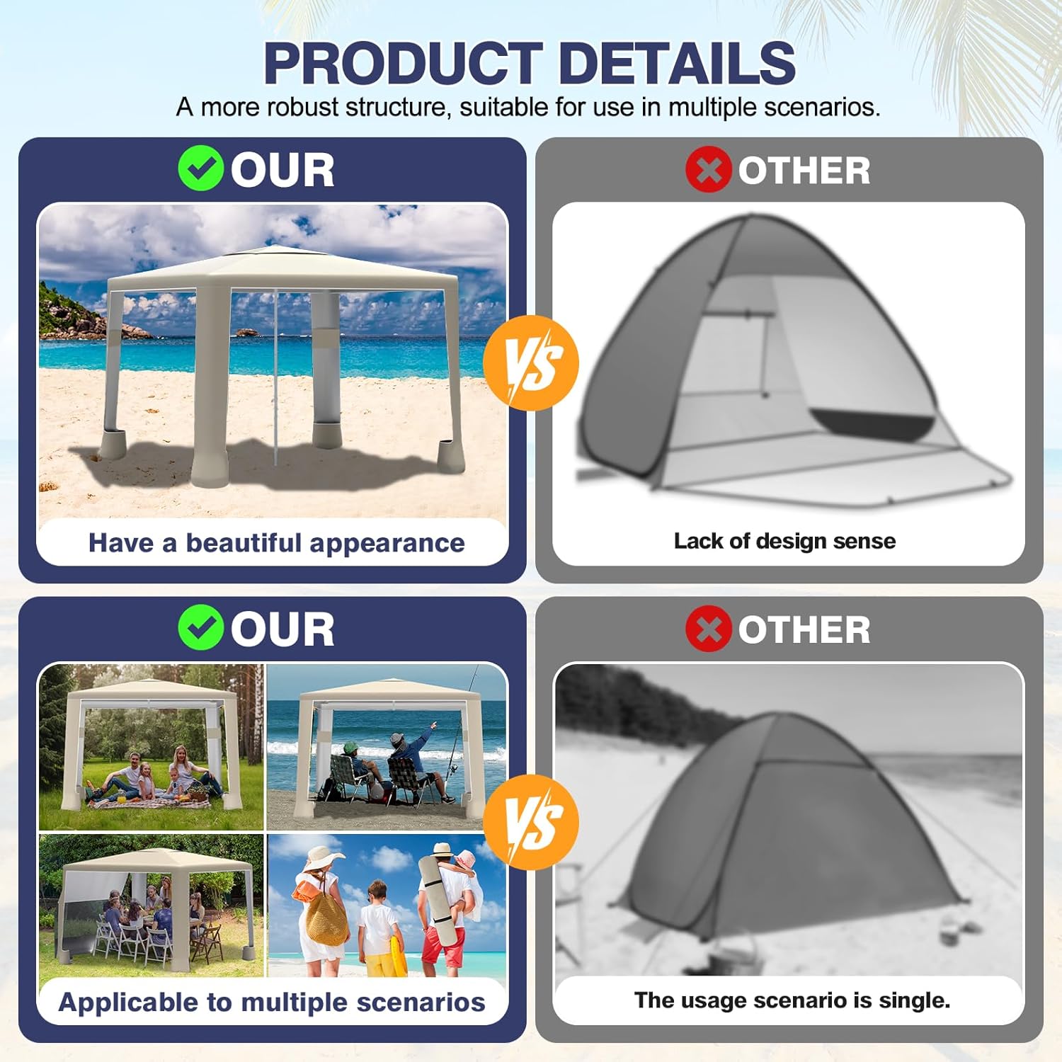 Beach Tent,8'×8' Large Beach Canopy for 4-6 People,Easy Setup Beach Sun Shelter with UPF 50+ Protection,Adjustable Height & Wind Resistant Beach Cabana for Family,Party (Khaki - Solid)