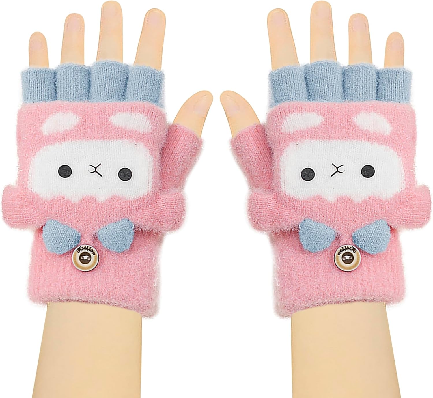 Starsouce Kids Winter Gloves with Flip Top Warm Knit Convertible Fingerless Gloves Fun Cute Mittens for Boys Girls Age 7-12 - Image 2
