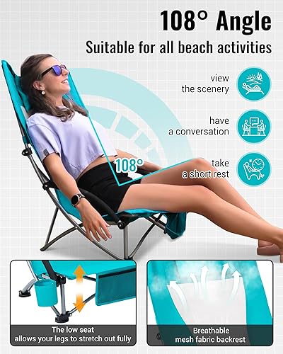 Miniatura 4 de KingCamp Low Beach Chairs, Portable Folding Chair for Adults Extra Wide Ergonomic High Back Seat 300lbs Heavy Duty Lightweight Oversized Gear with