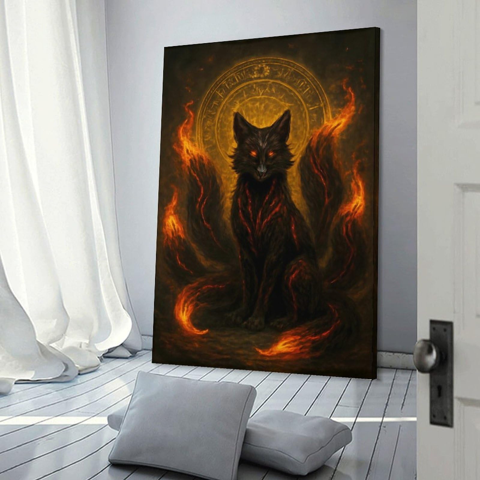 Junmoney Frame-Style-8 Hanging Wall Art Nine-Tailed Fox With Fiery Aura, 24X36inch(60X90cm), For Entryway, Lounge Links Or Small Walls, A Neat Decor Update For Hallways