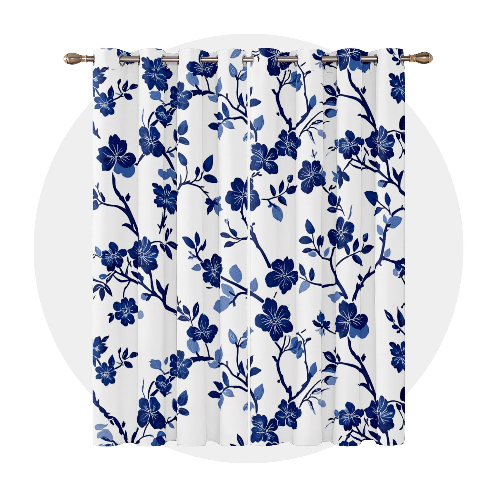 Rideau Occultant Floral - Rideau Thermique Motif Chinoiserie Fleurs Bleu, Rideaux Chambre Salon Fenetre, Lot de 2 Rideaux et Draperies Intérieurs à Oeillets, 140x260 cm (LxH) E#-187